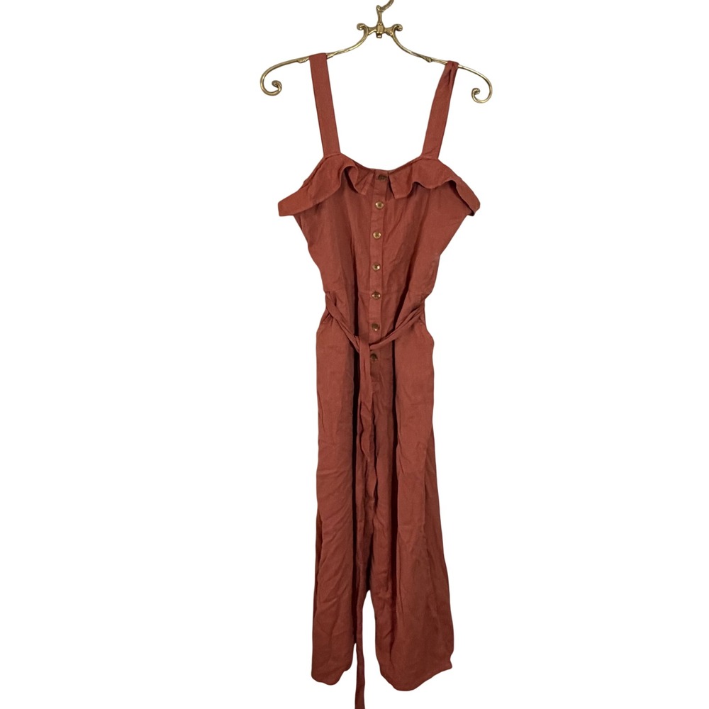 Billabong Womens Burnt Orange Ruffle Button Front Wide Leg Jumpsuit Size Medium
